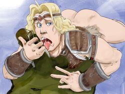 babligarbaim blonde_hair blowjob castlevania gay hero human_male licking light-skinned_male light_skin male male/male male_only orc orc_male orc_on_human saliva simon_belmont yaoi