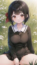 1girls ai_generated bangs black_dress black_hair black_shirt black_skirt blunt_bangs blush bob_cut bow bra_visible_through_clothes bralines breasts brown_eyes collarbone collared_dress covered_navel covering covering_crotch covering_privates day dress field flower grass hair_ribbon hairbow kaguya-sama_wa_kokurasetai_~tensai-tachi_no_renai_zunousen~ large_breasts long_sleeves looking_at_viewer medium_breasts natsuyoru no_panties on_grass outdoors parted_lips pleated_skirt red_bow red_eyes red_ribbon ribbon sailor_collar school_uniform shinomiya_kaguya shirt short_hair shuuchiin_academy_school_uniform sitting skirt solo spread_legs taut_clothes thighs underwear white_flower white_sailor_collar