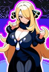 ai_generated big_breasts blonde_female blonde_hair breasts cynthia_(pokemon) female game_freak grey_eyes long_hair nintendo nspdld pokemon solo