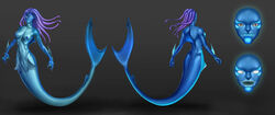 absurd_res animal_genitalia anthro azaggon blue_skin breasts claws creepy female fin fish_tail gills gradient_background grey_eyes hair hi_res looking_at_viewer marine membrane_(anatomy) merfolk model_sheet navel nictitating_membranes nipples pelvic_fin pseudo_hair purple_hair rear_view sharp_teeth simple_background slit slit_pupils sriseru tail_fin teeth tentacle tentacle_hair webbed_hands