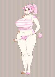 anthro big_breasts bovid bovine breasts cattle clothing crop_top genitals gynomorph hair heterochromia hi_res hooved_toes hooves horn huge_breasts intersex long_ears mammal miupix navel panties penis purple_hair shirt solo tail topwear underwear