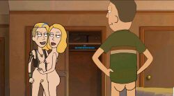 2girls 2girls1boy beth_smith bigphotoeditor3000 cuckold female jerry_smith looking_at_another looking_pleasured male rick_and_morty space_beth touching yuri