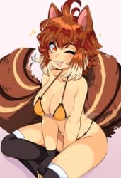 1girls :3 animal_ears artist_name big_breasts bikini blazblue breasts brown_hair clothing female female_only hair makoto_nanaya one_eye_closed queenashii solo squirrel_tail tail video_game