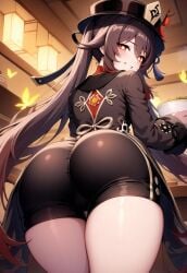 ai_generated ass ass_focus back_view bare_thighs big_ass big_butt brown_hair dat_ass fat_ass genshin_impact gigantic_ass hat hu_tao_(genshin_impact) huge_thighs isk light-skinned_female light_skin looking_back massive_ass orange_eyes short_shorts smiling star-shaped_pupils thick_thighs thighs twintails voluptuous voluptuous_female