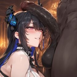 ai_generated black_hair blush cock_hungry cock_worship dark-skinned_male dark_hair hair_ornament hololive hololive_english hololive_english_-advent- horn horny_female hypnosis imminent_sex interracial long_hair nerissa_ravencroft penis_awe penis_on_head possessed thick_penis virtual_youtuber vtuber