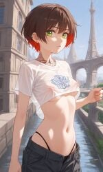 ai_generated baggy_clothing brown_hair canal cargo_pants covered_nipples crop_top female france green_eyes loose_clothes mesh_shirt midriff multicolored_hair navel nipples_visible_through_clothing original_character paris red_hair see-through_clothing see-through_top short_hair tattoo thong thong_straps tomboy translucent_clothing