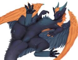 animal_genitalia anthro bedroom_eyes dragon feathered_wings feathers fur furred_dragon furred_scalie genital_slit genitals hi_res horn inviting inviting_to_sex looking_at_viewer male markings mythological_creature mythological_scalie mythology narrowed_eyes naughty_derg pawpads paws purple_eyes raised_paw scalie seductive solo spots spotted_markings tail tail_anus tuft wings