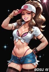 ai_generated bitch bosu_ai bra brown_hair cleavage denim_shorts fishnets gloves gyaru hat hilda_(pokemon) hotpants jewelry leopard_print lipstick makeup midriff navel_piercing necklace open_clothes open_shirt pokemon thighhighs thong thong_straps