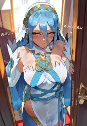 1girls ai_generated azura_(fire_emblem) big_breasts blue_hair dress elbow_gloves female fire_emblem_fates gloves horny_female light-skinned_female meiogun nipple_bulge sole_female thick_thighs white_elbow_gloves white_gloves yellow_eyes