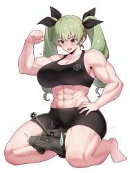 1girls abs athletic athletic_female biceps big_breasts blush breasts female female_focus female_only flexing giant_female giant_woman giantess girls_und_panzer green_hair green_hair_female light-skinned_female light_skin muscular muscular_female nakseo123 tank toned toned_female twintails