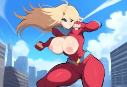 1girls ai_generated big_breasts blonde_hair bodysuit breasts breasts_out city cleavage day female large_breasts mullon nameless_character nipples novelai original original_character superheroine thick_thighs