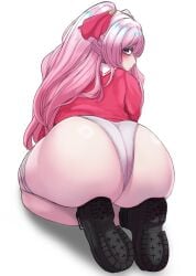 alternate_costume ass ass_focus blush boots dannthra female from_behind goddess_of_victory:_nikke hair_ribbon huge_ass kneeling long_hair looking_at_viewer looking_back no_skirt panties pink_hair purple_eyes ribbon solo thick_thighs thigh_strap thighs twintails underwear very_long_hair yuni_(nikke) yuni_(pretty_in_pink)_(nikke)