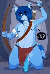 1boy aimpunch anthro arrows azura_(aimpunch) balls barbell_piercing blep blue_hair bottomwear bottomwear_aside bow_(weapon) clothing clothing_aside ear_piercing ear_ring erection foreskin genitals hair half-closed_eyes hi_res humanoid_genitalia humanoid_penis industrial_piercing jungle jungle_boy kneeling loincloth loincloth_aside male male_only mammal markings narrowed_eyes nipple_barbell nipple_piercing nipples original penis piercing procyonid quiver_(object) raccoon ranged_weapon ring_piercing solo striped_markings striped_tail stripes tail tail_markings tarzan tongue tongue_out tribal weapon