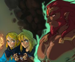 1girls 2boys artist_name beard big_pecs blonde_hair breast_envy breasts breasts_focus breath_of_the_wild crown_braid female ganondorf ganondorf_(tears_of_the_kingdom) girl_staring_at_guy's_chest hair_clips humanoid hylian kukumomo large_pecs link link_(breath_of_the_wild) link_(tears_of_the_kingdom) long_hair long_red_hair male meme moobs nintendo pale_skin patreon_logo pointy_ears princess_zelda red_hair safe_for_work sfw sheikah_slate short_blonde_hair short_hair tears_of_the_kingdom the_legend_of_zelda topless topless_male zelda_(breath_of_the_wild) zelda_(tears_of_the_kingdom)