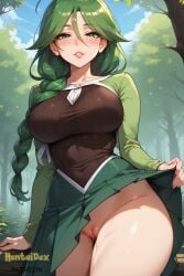 ai_generated bangs blush braid breasts cheryl_(pokemon) clothes_lift day female green_eyes green_hair hair_between_eyes hentaidex hentaidexfuta large_breasts lifted_by_self long_hair long_sleeves looking_at_viewer no_panties outdoors parted_lips patreon patreon_username pokemon pussy pussy_juice single_braid skirt skirt_lift smile solo thighs uncensored