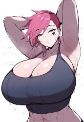 1girls abs ai_generated arcane arms_behind_head arms_up athletic_female big_breasts blue_eyes breasts cleavage eyebrows_raised huge_breasts large_breasts league_of_legends looking_at_viewer nai_diffusion pink_hair riot_games short_hair solo stable_diffusion steam sweat tank_top toned toned_female vi vi_(league_of_legends)