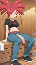 ai_generated big_penis flaccid flannery_(pokemon) foreskin futa_only futanari medium_breasts pokemon red_eyes red_hair sauna solo_futa