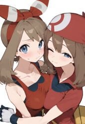 2girls ai_generated breast_press breasts hitsuki_sub may_(pokemon) pokemon pokemon_oras pokemon_rse symmetrical_docking tagme