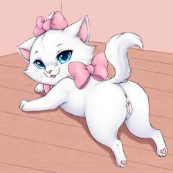 ai_generated ass blue_eyes female marie_(aristocats) pussy ribbon ribbon_in_hair solo the_aristocats white_fur