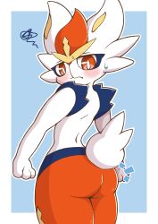 2021 acky05 ambiguous_gender anthro ass blue_background blush border cinderace cute cute_face fur generation_8_pokemon hi_res lagomorph looking_back mammal nintendo pokemon pokemon_(species) presenting presenting_hindquarters red_body red_eyes red_fur simple_background solo white_body white_border white_fur
