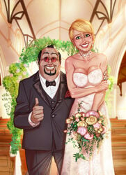 1boy 1girls abbey_chase abrosiis bare_shoulders big_breasts blonde_hair busty cleavage clothing danger_girl dress fat_man mole mole_under_eye short_hair tagme the_peach wedding wedding_dress