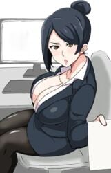 bijin_onna_joushi_takizawa-san black_hair black_jacket black_pantyhose black_skirt blouse boss business_suit business_woman cleavage computer dress_shirt female huge_breasts medium_hair miniskirt office office_lady open_mouth pantyhose paper pencil_skirt sitting skirt skirt_suit suit takizawa_kyouko white_blouse white_shirt