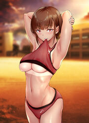 1girls 2019 armpits arms_behind_head bangs booty_shorts breasts brown_hair cleavage eyebrows_visible_through_hair female female_only gentsuki human looking_at_viewer navel original_character red_eyes seductive shirt_in_mouth shirt_lift solo sports_bra sweat tanlines tanned_skin underboob