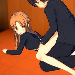 1boy 1girls animated bangs black_hair bosho clothed_sex doggy_style from_behind from_behind_position human human_only illusion_soft kirigaya_kazuto koikatsu long_hair looking_back no_panties on_floor orange_hair school_uniform straight sword_art_online tagme vaginal_penetration yuuki_asuna