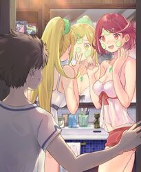 1boy 2girls bathroom beauty_treatment black_ribbon blonde_hair blush bob_cut breasts brown_hair cleavage cucumber_slice ear_piercing earrings faucet female fujie-yz hair_ornament hairclip highres human jewelry lingerie long_hair looking_at_mirror male mirror multiple_girls mythra nintendo piercing ponytail pyra red_eyes red_hair red_ribbon rex_(xenoblade) ribbon shirt short_hair smile surprised sweatdrop t-shirt tied_hair toothbrush towel towel_rack underwear wholesome xenoblade_(series) xenoblade_chronicles_2 yellow_eyes