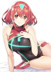 1girls akahito arm_support bare_arms bare_shoulders bed_sheet blush breasts closed_mouth commentary_request competition_swimsuit covered_collarbone covered_navel earrings female fingernails hand_on_own_chest highres jewelry large_breasts looking_at_viewer neon_trim nintendo one-piece_swimsuit pyra red_eyes red_hair shiny shiny_hair shiny_skin short_hair simple_background sitting solo swimsuit thighs tiara white_background xenoblade_(series) xenoblade_chronicles_2