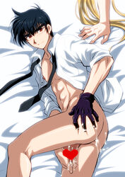 2boys after_sex ass black_gloves black_hair black_neckwear blonde_hair censored chest cum cum_in_ass cumdrip flaccid gloves heart heart_censor jigoku_sensei_nube long_hair looking_at_viewer male_focus meisuke_nueno multiple_boys muscle necktie nipples open_clothes open_shirt out_of_frame penis red_eyes shirt short_hair single_glove smile tamamo_kyousuke testicles wauwa white_shirt yaoi