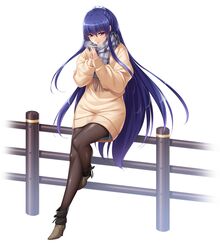 2d absurdres akiyama_rinko black_legwear blue_eyes blue_hair coat female fully_clothed highres long_hair looking_at_viewer scarf sweater tagme taimanin_(series) taimanin_rpgx taimanin_yukikaze winter_clothes winter_coat zol