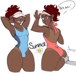 1boy 2019 ass ass_grab big_ass bulge crossdressing dark-skinned_femboy dark-skinned_male dark_skin disembodied_hand femboy girly male male_only mitarashi one-piece_swimsuit solo swimsuit tanline thick_thighs wide_hips wink