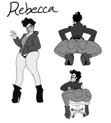 ass big_ass celebrity dark_hair glasses jeans monochrome presenting_hindquarters putricia real_person rebecca_sugar sitting smile squatting thong