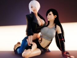 2girls 3d adeptusinfinitus angel_(kof) blender breast chaps cleavage crossover female female_only final_fantasy final_fantasy_vii highres king_of_fighters legs looking_away on_top sitting skirt snk suspenders tifa_lockhart yuri