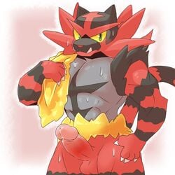 1:1 1boy 2019 4_fingers abs anthro anthrofied bara big_penis black_fur blush claws erection eye_contact feline fur furry green_eyes grey_fur hi_res holding humanoid_penis incineroar kesu_pu large_penis looking_at_viewer male male_only nintendo no_nipples nude penis pokémon_(species) pokemon pokemon_sm pose red_fur red_nose red_penis solo standing sweat teeth testicles thick_thighs towel video_games wet white_background yellow_sclera