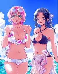 2girls beach bikini black_bikini black_hair blush braided_hair breasts butterfly_hair_ornament cleavage demon_slayer female female_only green_eyes human kanroji_mitsuri kimetsu_no_yaiba kochou_shinobu multiple_girls navel outside pink_hair ponytail purple_eyes sarong sunglasses sunglasses_on_head swimsuit thick_thighs thighs two_tone_hair white_bikini