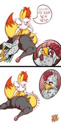 absurd_res ambiguous_gender anal anal_sex anal_vore anus ass avian beak belly big_anus big_belly big_ears big_tail bird black_fur bone bottom_heavy braixen canine chicken eye_contact feet fox furry galliform gallus_(genus) green_eyes half-closed_eyes hi_res huge_belly internal kneeling looking_at_viewer mammal motion_lines nintendo orange_fur original_character pawpads paws penetration phasianid pokémon_(species) pokemon pokemon_(species) pokemon_xy red_eyes sassylebraix size_difference smile spread_legs stick tail text thick_thighs trembling video_games vore watermark white_feather wide_hips x-ray yellow_fur