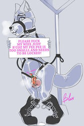 absurd_res bluepanda1 bondage boots bound chastity chastity_belt chastity_cage chastity_device clothing collar disney footwear furry harness hi_res leash male_focus male_only nick_wilde no_humans public_humiliation rubber sign testicles zootopia