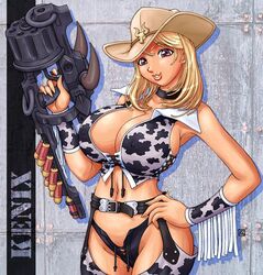 1girls artist_name assless_chaps big_breasts blonde_hair breasts chaps choker cleavage collar corset cow_print cowboy_hat cowgirl cowgirl_(western) curvaceous curvy erect_nipples female female_only fringe_trim grenade_launcher gun kenix large_breasts looking_at_viewer original_character smile smiling smiling_at_viewer stockings