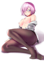 absurdres black-framed_eyewear black_legwear breasts fate/grand_order fate_(series) female flying full_body glasses grey_jacket hair_over_one_eye highres jacket looking_at_viewer mash_kyrielight medium_breasts nipples no_shoes off_shoulder open_clothes open_jacket pantyhose pink_hair purple_eyes revian_samuel_dani shiny shiny_hair shiny_skin short_hair simple_background solo thighband_pantyhose white_background