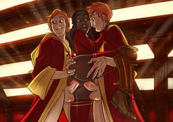 1girls 2boys abrosiis anal anal_penetration anal_sex angelina_johnson anus ass balls biting_lip black_eyes black_hair bleachers blue_eyes boots bottomless bottomless_female brothers cloak clothed clothing dark-skinned_female dark_skin day double_penetration female footwear fred_weasley george_weasley gryffindor harry_potter hogwarts hogwarts_student interracial leg_up light-skinned_male light_skin lip_biting long_hair one_leg_up open_mouth penis pussy quidditch quidditch_uniform red_cloak red_clothing red_hair red_shirt red_socks sandwiched schoolgirl sex shin_guards shirt shoes socks stadium standing standing_on_one_leg standing_sex straight testicles thick_thighs thighhighs threesome twins under_bleachers uniform vagina vaginal_penetration wide_hips witch_(harry_potter)