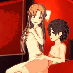 1boy 1girls 3d animated bosho human human_only illusion_soft kirigaya_kazuto koikatsu long_hair looking_back navel no_panties open_mouth orange_eyes orange_hair reverse_cowgirl_position sitting_on_lap small_breasts straight sword_art_online tagme yuuki_asuna