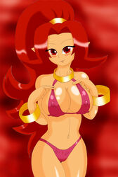 belly_button big_breasts blush bracelets breasts curvaceous curves curvy curvy_body curvy_female curvy_figure curvy_hips din erect_nipples female female_only high_resolution large_breasts looking_at_viewer navel nintendo nipple_bulge nipples oracle_of_seasons red_bikini red_eyes red_hair smiling speeds tanned_skin the_legend_of_zelda thick_thighs top_heavy