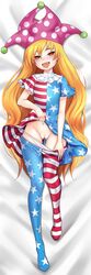 1girls american_flag american_flag_legwear american_flag_shirt bangs bed_sheet blonde_hair blue_dress blue_legwear blush body_pillow clownpiece dakimakura_design dress dress_lift fairy female flashing groin hat jester_cap laying_on_back lifted_by_self long_hair looking_at_viewer neck_ruff panties polka_dot_hat rebyo red_dress red_eyes red_legwear smiling star star_print striped_dress striped_legwear thighs touhou undressing