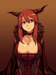 1girls archenemy_and_hero big_breasts breasts cape choker cleavage cleavage_cutout dated dress fake_horns female fur_trim gradient gradient_background horns junkpuyo large_breasts long_hair maou red_eyes red_hair solo v_arms