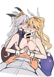 1boy 2girls animal_ears artoria_pendragon artoria_pendragon_(lancer) artoria_pendragon_(lancer_alter) artoria_pendragon_(swimsuit_ruler) ass bangs bar_censor bare_arms bare_shoulders blonde_hair blue_eyes blue_legwear blush breast_press breasts bunny_ears bunny_girl bunny_tail bunnysuit censored cleavage commentary_request crown erection fate/grand_order fate_(series) female fujimaru_ritsuka_(male) hair_between_eyes interlocked_fingers large_breasts leotard lying male multiple_girls muscle navel open_mouth orange_eyes paizuri pantyhose penis ponytail saliva sideboob silver_hair straight symmetrical_docking tail tsuki_no_i-min wrist_cuffs