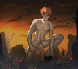 1boy abs after_masturbation after_orgasm after_sex anma barefoot big_penis bleach cum cum_drip cum_dripping cum_leaking feet fire forest full_body gay ginger ichigo_kurosaki looking_at_viewer male male_only naked nature naughty_face outdoors penis precum pubes pubic_hair public shadow solo sweat uncensored yaoi