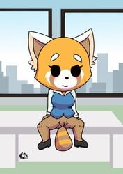 2d aggressive_retsuko ailurid anthro blush bottomless clothed clothing female fur hi_res inside kcn mammal office_lady presenting presenting_pussy pussy red_panda retsuko sanrio sitting solo straight_hair