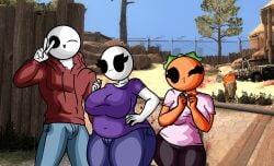 2boys2girls 2girls 3d_background :3 background bald bald_female bald_male big_breasts black_eyes breasts chetoh chubby chubby_female claire_(chetoh) clothed clothed_female clothed_male craig_(chetoh) egg eggmale female garry's_mod green_skin hand_on_hip height_difference hoodie leaf leaf_hair looking_at_viewer mandy_(chetoh) oc orange orange_body original original_character original_characters pants peace_sign pink_shirt purple_shirt red_hoodie shirt shorter_female smile smiling smiling_at_viewer taller_male tiger white_body wink winking_at_viewer zoo